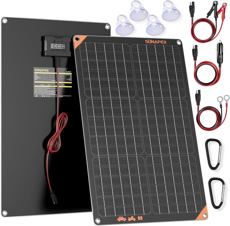 SUNAPEX 12V 30 Watt Solar Trickle Charger Maintainer - Waterproof Solar Powered Battery Charger - Solar Panel Kit Built-in Smart Charge Controller for Car Rv Trailer Truck Boat Automotive Marine - Image 1